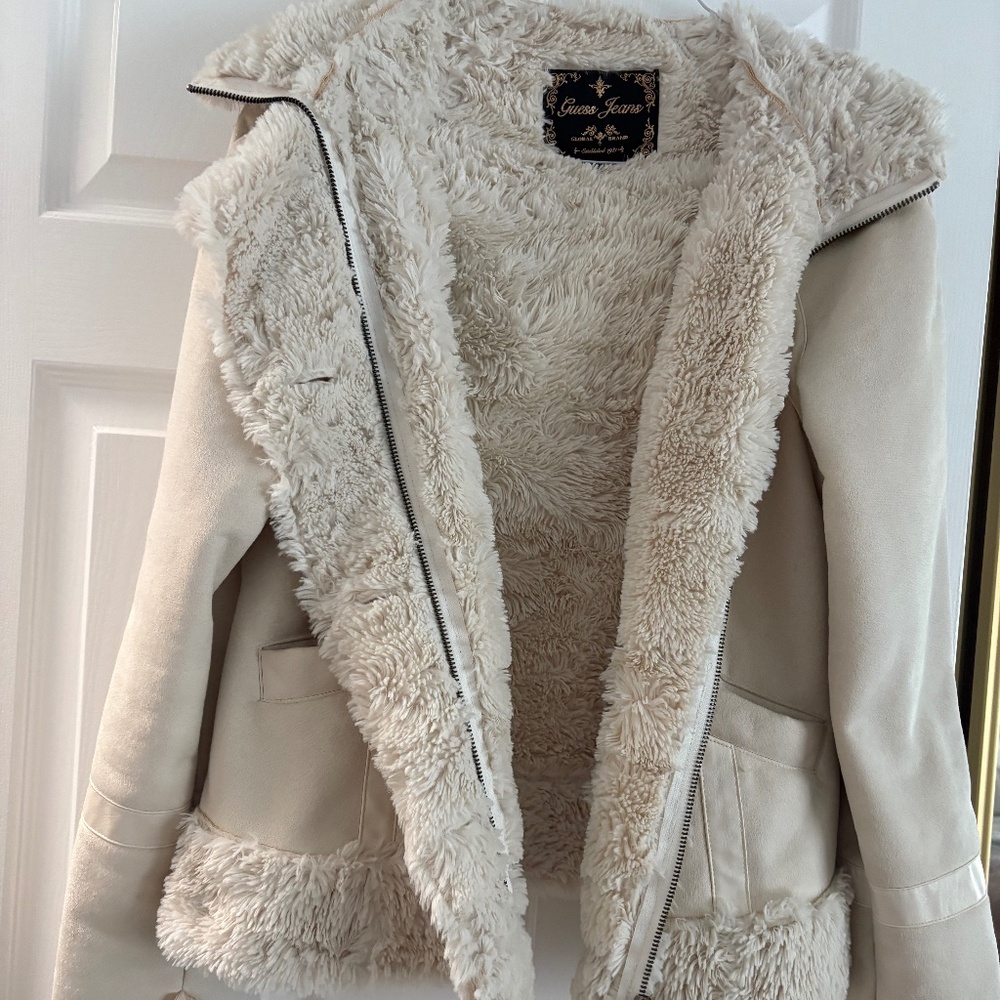 L GUESS Faux Suede Fur Lining ZIP JACKET HOODIE OFF WHITE CREAM soft warm winter